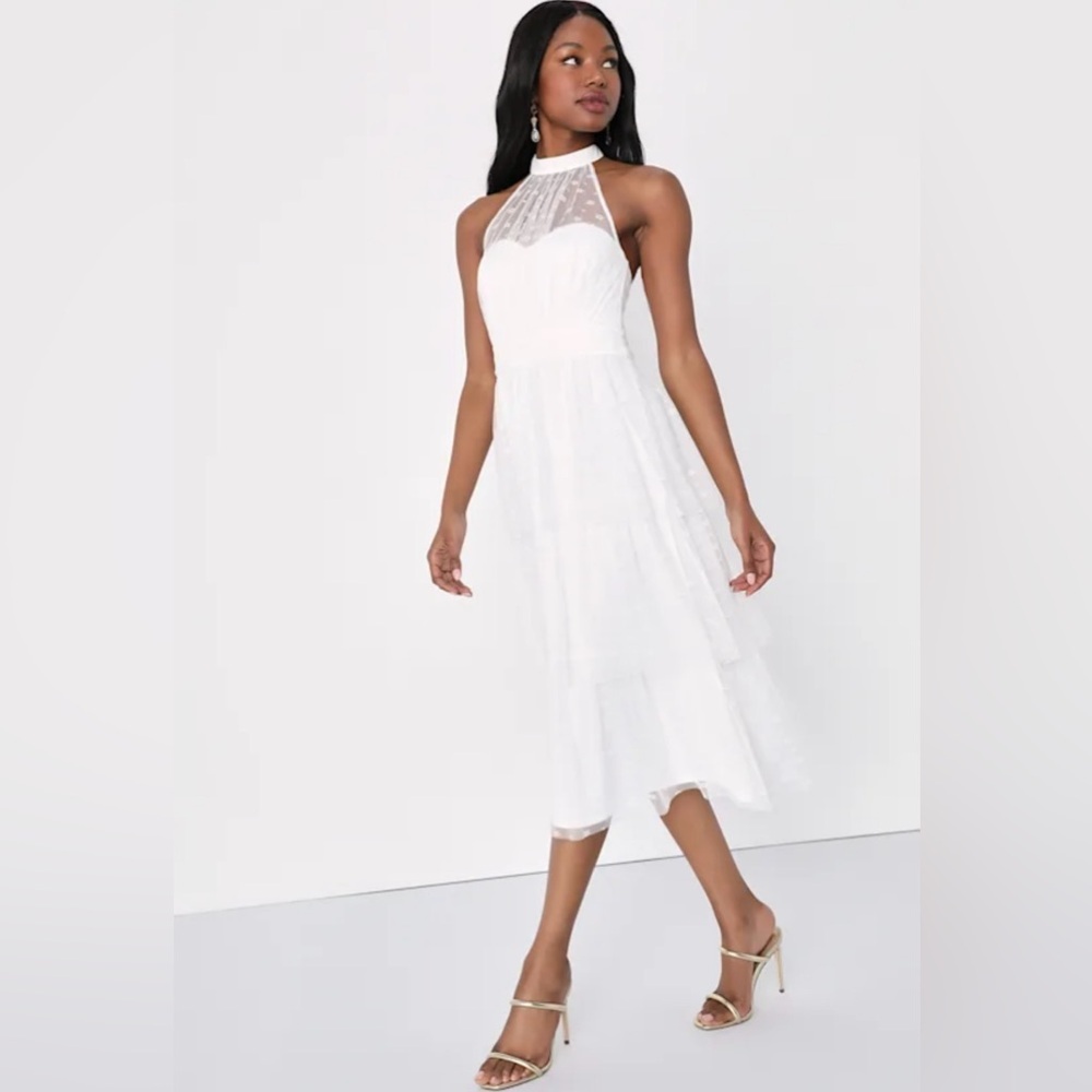 LULUS Positively Precious White Floral Mesh Tiered Halter Midi Dress A-line